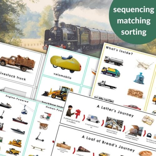 Transportation Activities: Sorting, Matching & Sequencing is a set of illustrated worksheets with vehicles-themed tasks such as sequencing and sorting; a steam train is featured in the background. Montessori Nature Printables
