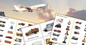 A large airplane flies in the sky at sunset above illustrated worksheets featuring vehicles and transportation, showing different vehicles, objects, and people for engaging learning activities. Montessori Nature Printables