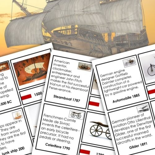 A close-up of the History of Transportation Timeline: 3 Part Cards, layered over an illustration of an old sailing ship. Montessori Nature Printables