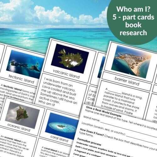 Discover our Types of Islands Cards and Research Worksheet, featuring descriptions and images of volcanic, tidal, barrier, oceanic, and coral islands on a colorful tropical background—ideal for classroom learning and research activities. Montessori Nature Printables