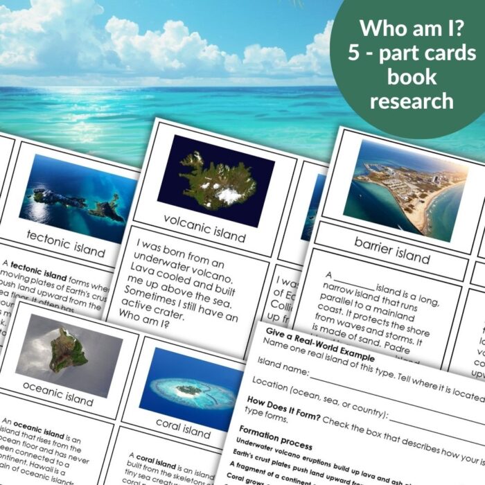 Discover our Types of Islands Cards and Research Worksheet, featuring descriptions and images of volcanic, tidal, barrier, oceanic, and coral islands on a colorful tropical background—ideal for classroom learning and research activities. Montessori Nature Printables