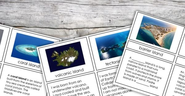 Photo of educational cards on a wooden surface, each featuring images and descriptions of different types of islands. These printables are perfect for hands-on science activities exploring coral, volcanic, tectonic, and tidal islands. Montessori Nature Printables