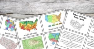 Types of Maps task cards featuring various U.S. map illustrations, such as political, weather, time zone, topographic, and climate maps, make engaging learning printables for hands on activities—perfectly arranged on a wooden surface. Montessori Nature Printables