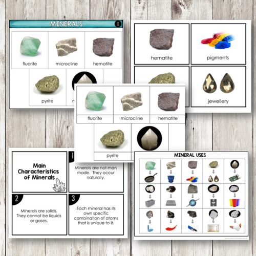 The Minerals Geology Pack is a set of educational cards featuring images, names, and characteristics of minerals, with uses such as pigments and jewellery—ideal for geology fans. Attractively displayed on a wooden surface. Montessori Nature Printables