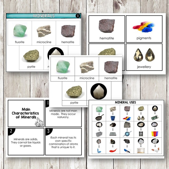 The Minerals Geology Pack is a set of educational cards featuring images, names, and characteristics of minerals, with uses such as pigments and jewellery—ideal for geology fans. Attractively displayed on a wooden surface. Montessori Nature Printables
