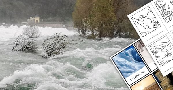 Flooded riverbank with partially submerged trees and strong current; inset displays diagrams and images of natural disasters, including an avalanche, teaching children about powerful forces in nature. Montessori Nature Printables