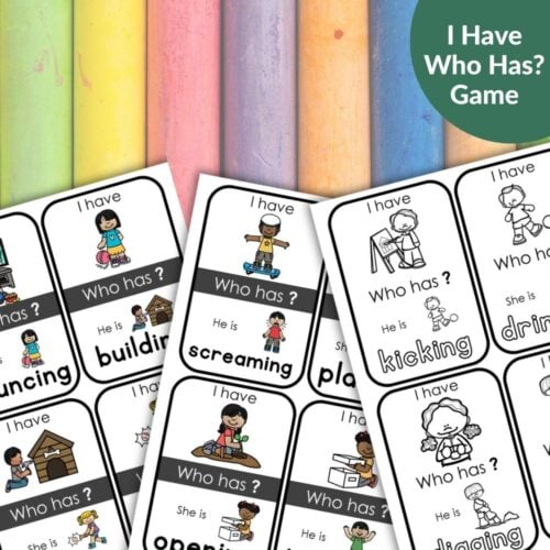 The "Verbs Action I Have, Who Has Game Cards" set includes three sheets featuring illustrated children performing various verbs, with colored chalk sticks in the background. Montessori Nature Printables