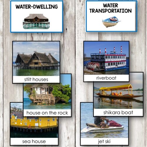 Water Dwelling vs. Water Transportation Sort: An engaging activity image for kids to classify stilt houses, house on the rock, and sea house as water dwellings, and riverboat, shikara boat, and jet ski as water transportation. Montessori Nature Printables