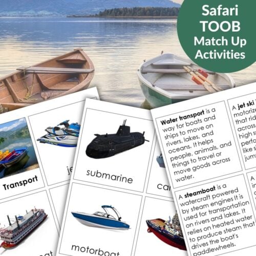 Two rowboats rest by a lakeshore with mountains behind them. Below, Water Transport: Safari TOOB Compatible 3 Part Cards & Facts showcase images and info to teach about various water transport vehicles. Montessori Nature Printables