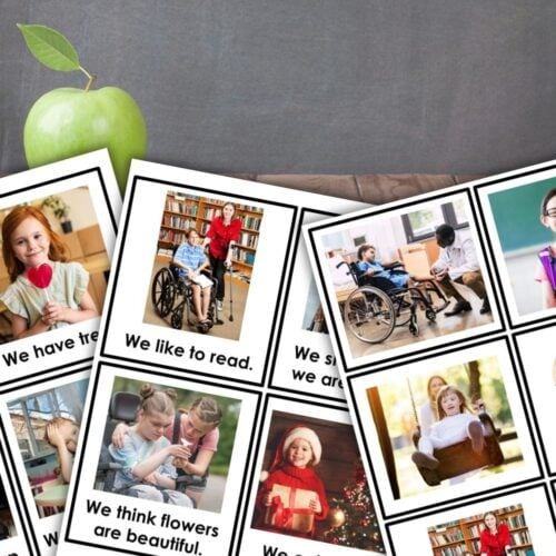 The Diversity Picture Cards & Student Booklet: Social Emotional Learning displays photos of children in various activities on a wooden table with a green apple, making it ideal for promoting social emotional learning. Montessori Nature Printables