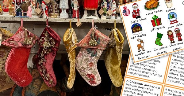 Four embroidered Christmas stockings hang from a shelf beneath assorted festive figurines; an inset image displays holiday-themed vocabulary words and illustrations, perfect for exploring cultural traditions in a Montessori classroom. Montessori Nature Printables