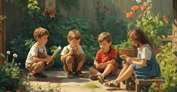 Four young children sit together on a garden path, exploring small objects and papers—a scene inspired by Montessori education—surrounded by blooming flowers and greenery that fosters natural child development. Montessori Nature Printables