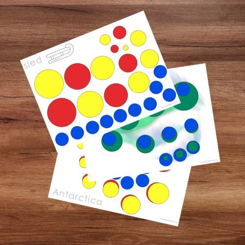 The Knobless Cylinder Extension Cards: Winter Patterns feature two sheets with red, yellow, blue, and green circle designs labeled “sled” and “Antarctica”—ideal for Montessori activities. Montessori Nature Printables