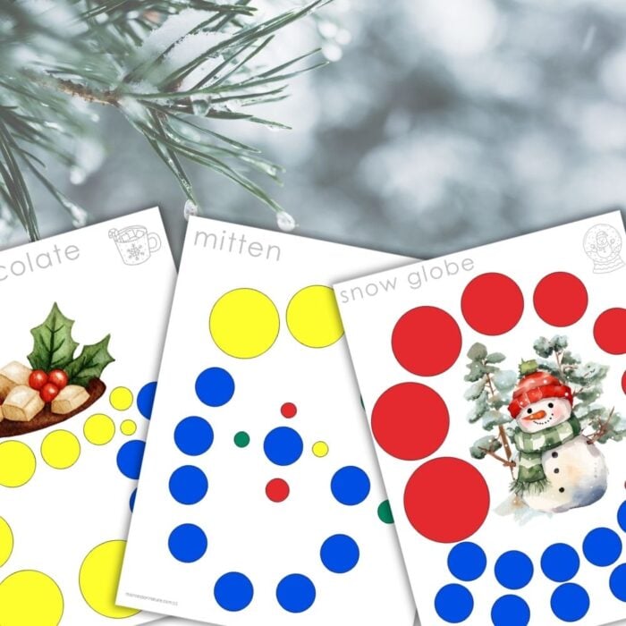 Knobless Cylinder Extension Cards: Winter Patterns includes three activity sheets with colored circles and images of holly, a mitten, and a snowman on a snowy pine background—ideal for seasonal learning activities. Montessori Nature Printables