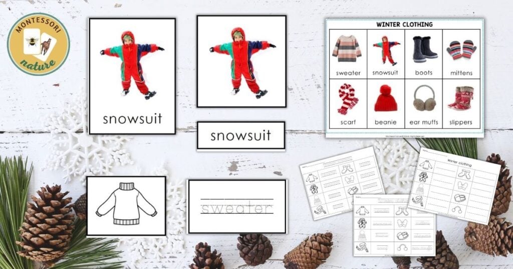 A set of winter activities with pictures of snowsuits, boots, and hats.