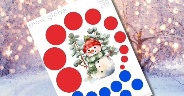 A printable snow globe activity sheet with a snowman illustration, surrounded by red and blue circles, is displayed against a wintry, snowy background—perfect for winter activities and fun winter printables. Montessori Nature Printables
