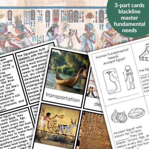 Ancient Egypt: Fundamental Human Needs is a set of educational cards and worksheets featuring images, text on transportation, and daily life illustrations linked to essential needs in Ancient Egypt. Montessori Nature Printables