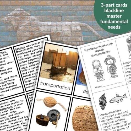 Ancient Mesopotamia: Fundamental Needs is a set of educational 3-part cards with text, illustrations, and artifact photos, labeled "3-part cards blackline master fundamental needs"—ideal for exploring the fundamental needs of Mesopotamian civilization. Montessori Nature Printables