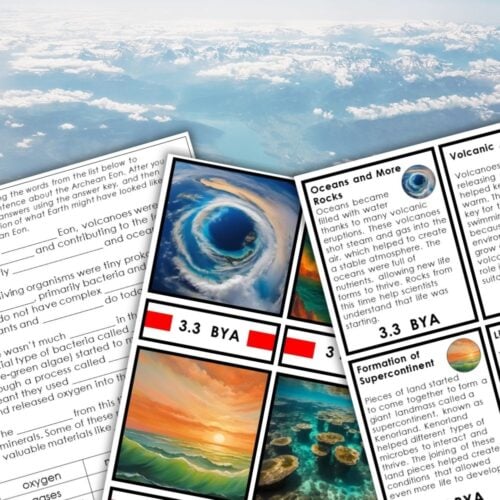 Aerial view of clouds above land with educational worksheets and Archean Eon Timeline Second Great Lesson 3-Part Cards Vocabulary—featuring illustrations and text about Earth's history, ideal for Montessori learning. Montessori Nature Printables