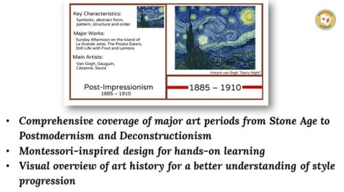 Art History Timeline 3-Part Cards on Post-Impressionism (1885-1910) feature images, major works, key artists, and curriculum-aligned bullet points. Ideal for engaging lessons or as 3-Part Cards to enrich classroom learning. Montessori Nature Printables