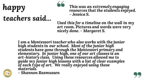 Image showing the heading "happy teachers said..." followed by positive testimonials from teachers about Art History Timeline 3-Part Cards, praising their effectiveness in bringing Art History to life in the classroom. Montessori Nature Printables