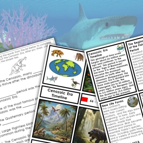 The Cenozoic Era Timeline Second Great Lesson 3-Part Cards feature educational materials with a detailed timeline, illustrations of prehistoric animals, and an ocean scene with a large prehistoric shark. Montessori Nature Printables