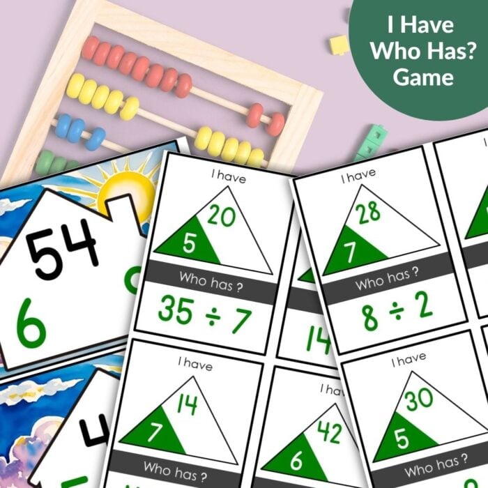 The Fact Families Division: I Have Who Has Math Game and several educational math cards featuring numbers and equations are displayed on a light surface alongside a wooden abacus. Montessori Nature Printables