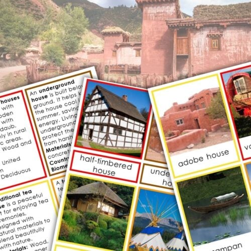 A close-up of Homes Around the World 3 Part Cards, showcasing images and descriptions of various house types like half-timbered, adobe, and underground—ideal for learning about global homes. Montessori Nature Printables