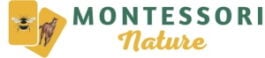 Logo with two illustrated cards, one showing a bee and the other a camel, next to the text "Montessori Nature.