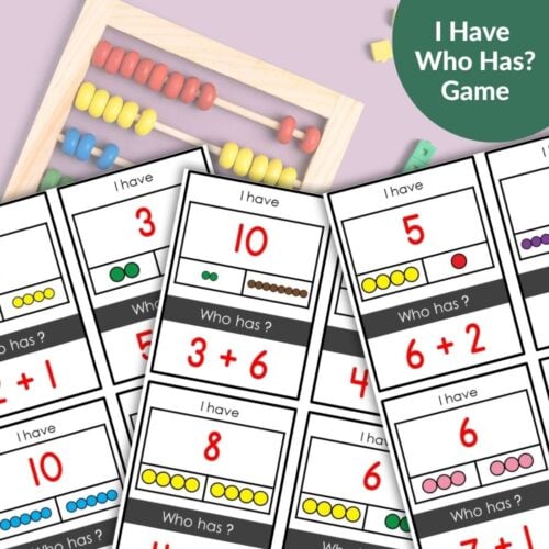 The Numbers Bonds to Ten: I Have Who Has Math Game features equation cards and answers, along with a colorful abacus, making it an engaging way for kids to practice number bonds up to ten. Montessori Nature Printables