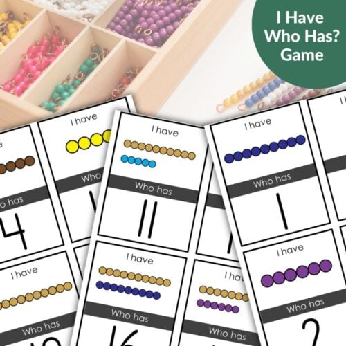 The Numbers 0-20 I Have Who Has Math Game cards, showing bead images and numbers from 0 to 20, are displayed with a tray of colorful counting beads in the background. Text reads: "I Have Who Has? Game. Montessori Nature Printables