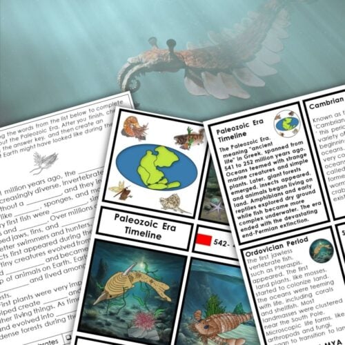 The Paleozoic Era Timeline Second Great Lesson 3-Part Cards Vocabulary offers science worksheets with timelines, vocabulary, prehistoric animal illustrations, and ancient landmass maps—all set with an aquatic prehistoric creature background. Montessori Nature Printables