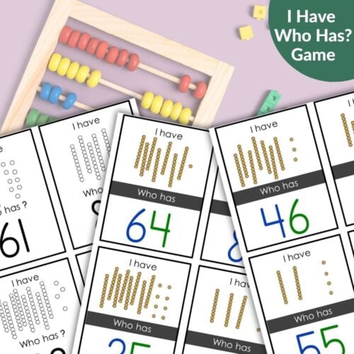 The Place Value Tens Ones I Have Who Has Math Game sits next to a wooden abacus and colored counting cubes on a purple surface, featuring numbers, bead visuals, and place value concepts. Montessori Nature Printables