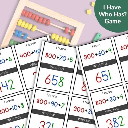 The Place Value 3 Digits I Have Who Has Math Game is shown on a pastel background with a wooden abacus and colorful counting cubes, ideal for practicing 3-digit place value and addition skills. Montessori Nature Printables