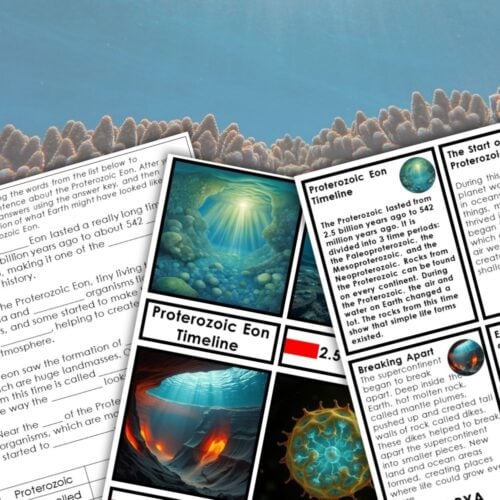 The Proterozoic Eon Timeline Second Great Lesson 3-Part Cards Vocabulary is displayed, featuring two illustrated timeline worksheets and vocabulary cards set against an underwater coral scene with sunlight streaming through the water. Montessori Nature Printables