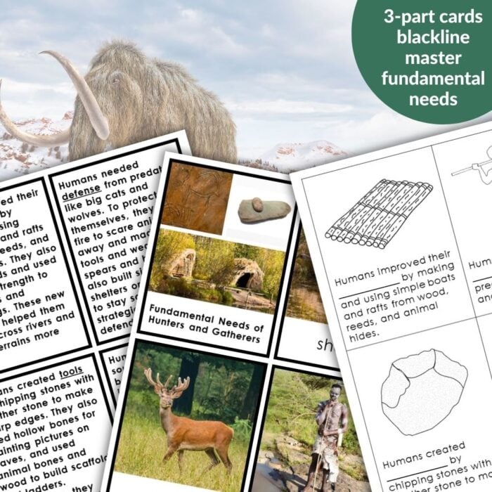 Fundamental Needs of Stone Age: Early Humans features educational materials with images of Stone Age tools, animals, instructive text, and a woolly mammoth in the background. Montessori Nature Printables