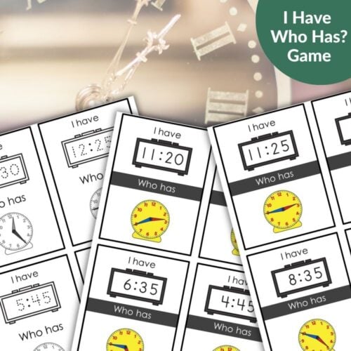 The Telling Time to Five Minutes I Have, Who Has Math Game features cards with analog and digital clocks, helping students practice telling time to the nearest five minutes. Montessori Nature Printables
